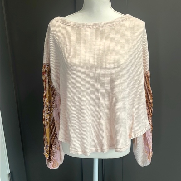Free People Blossom Thermal Top Balloon Sleeve Boho Oversized Patchwork Size S - Picture 1 of 7